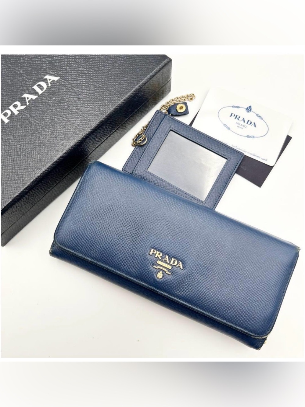 Prada Navy Blue Saffiano Leather Wallet with Gold-Tone Logo w/box COA